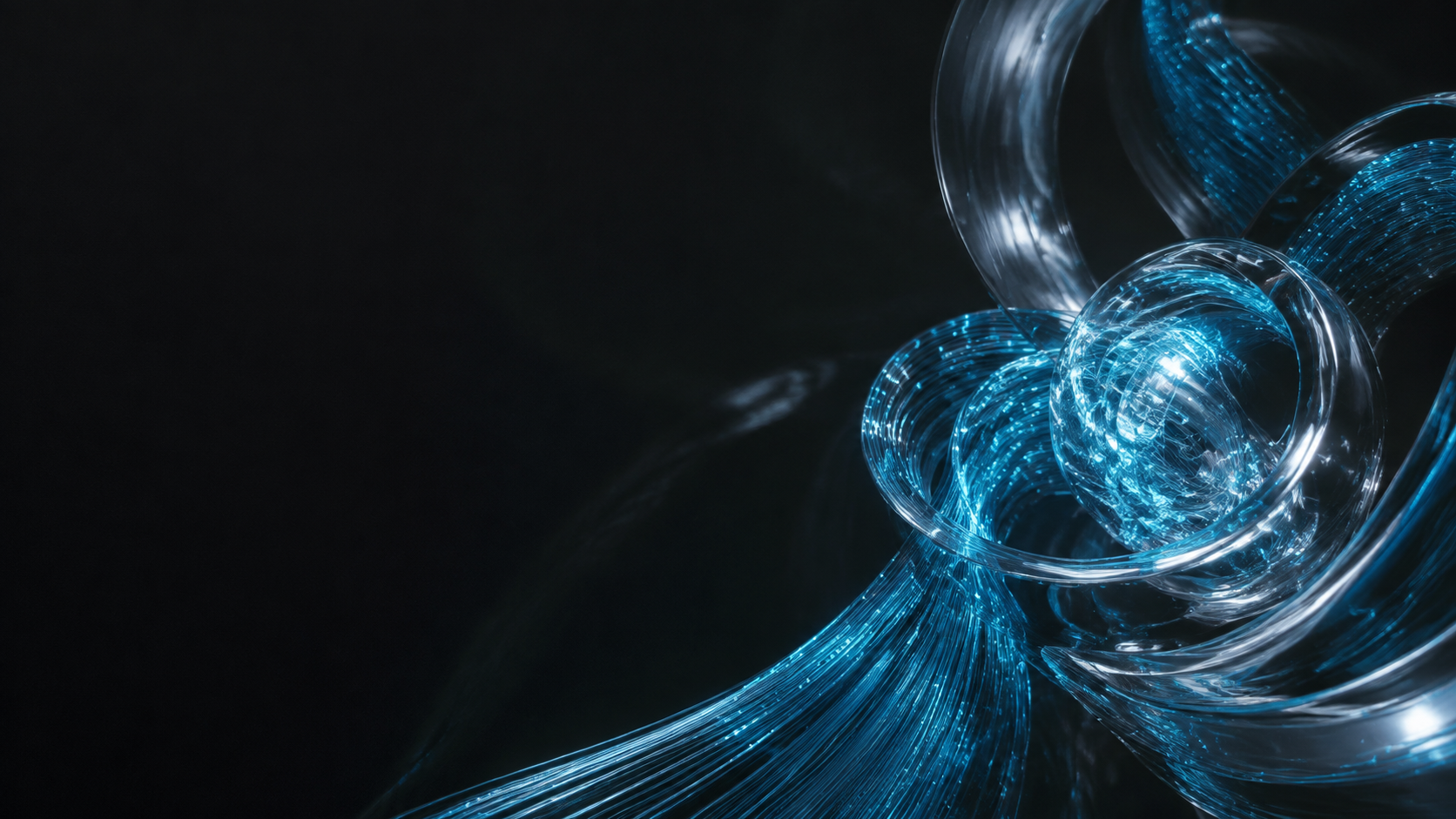 Luminous cyan optical fibers forming an abstract intelligence core